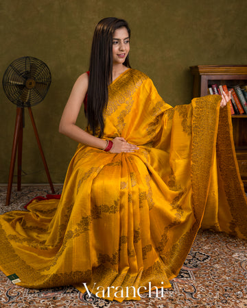 Turmeric Yellow Lehariya Pure Raw Silk Handloom Saree