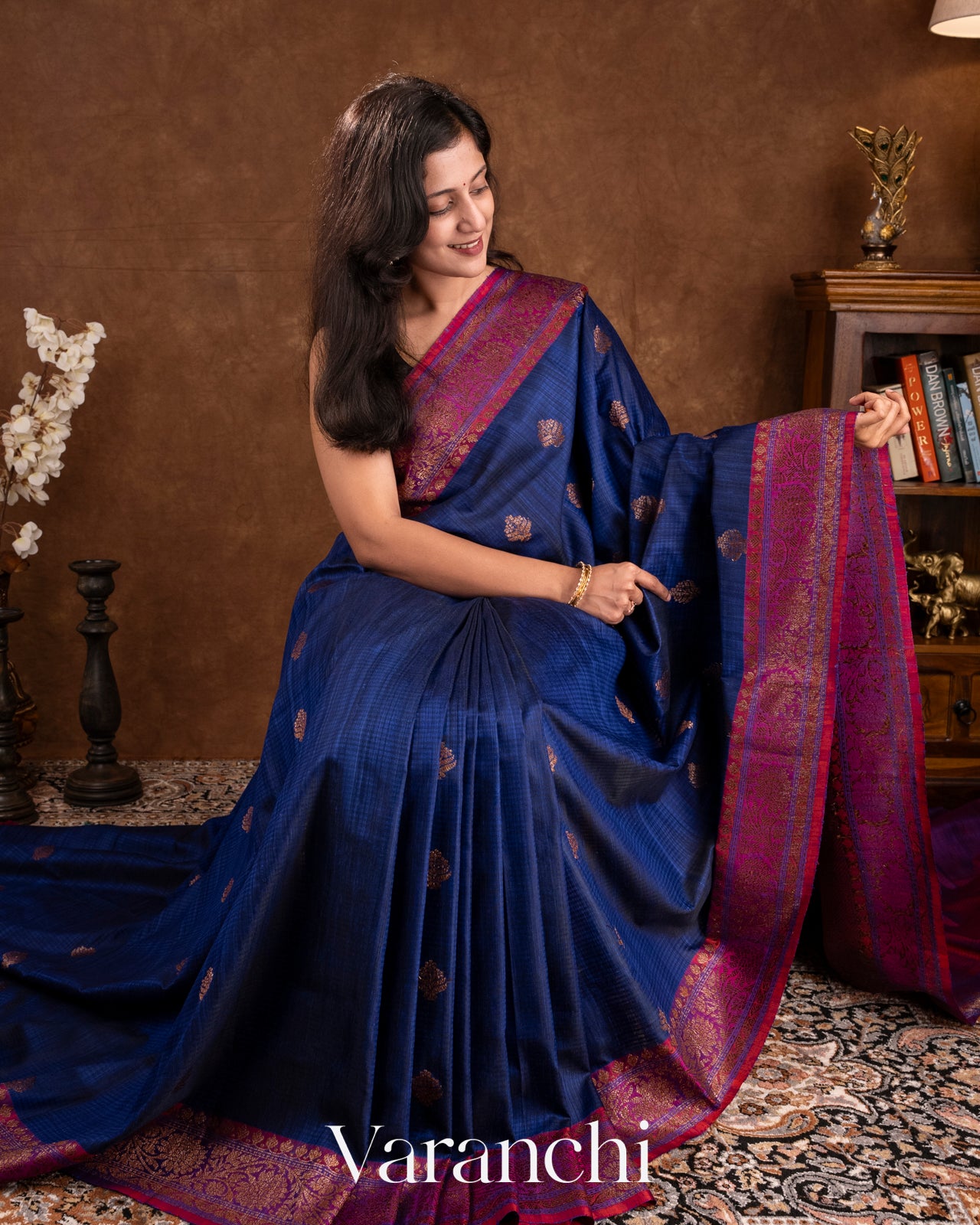 Midnight Blue Pure Dupion Silk Handloom Saree