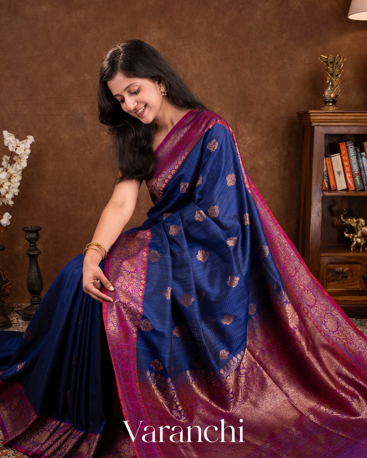 Midnight Blue Pure Dupion Silk Handloom Saree