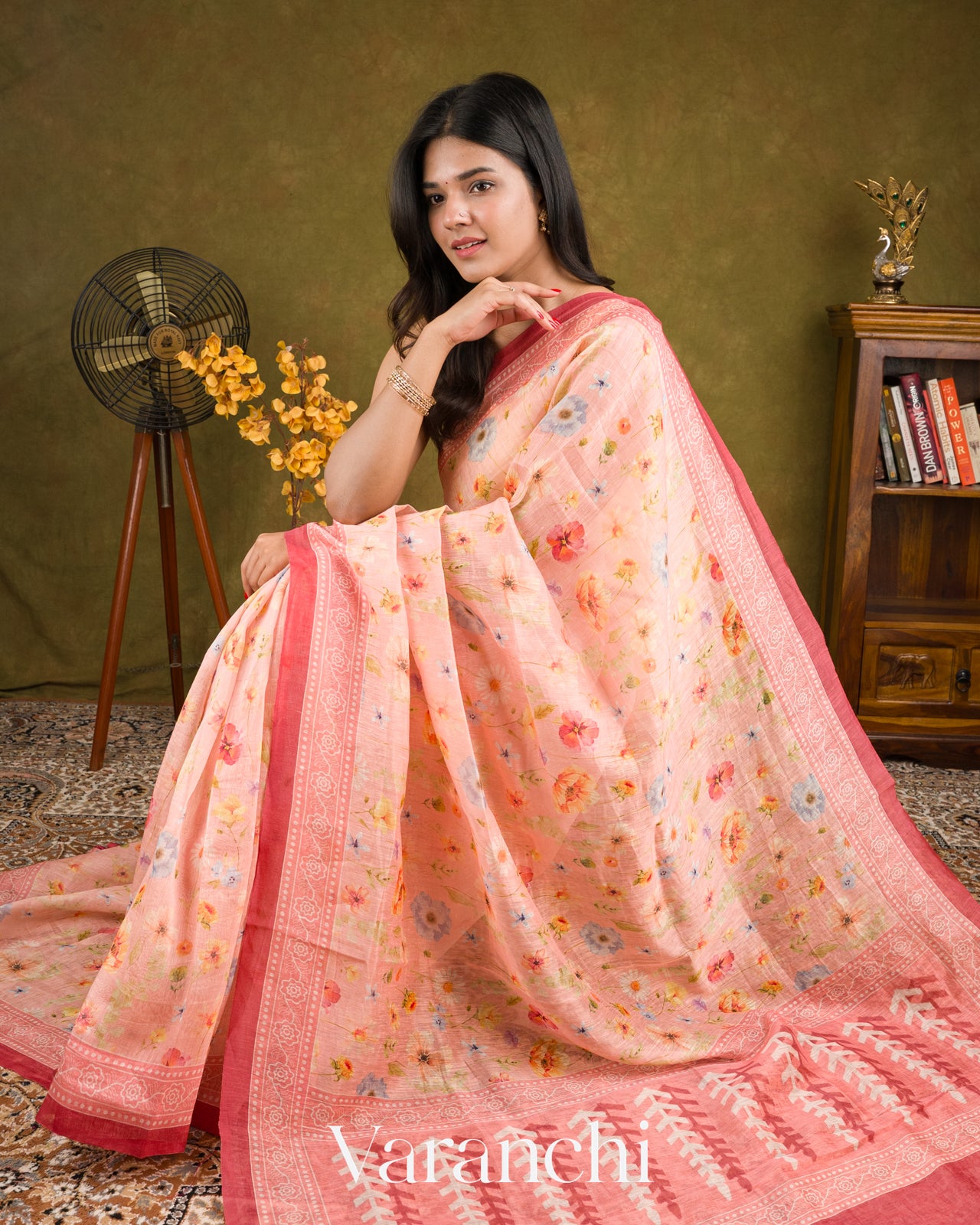 Baby Pink Printed Pure Silk Linen Saree