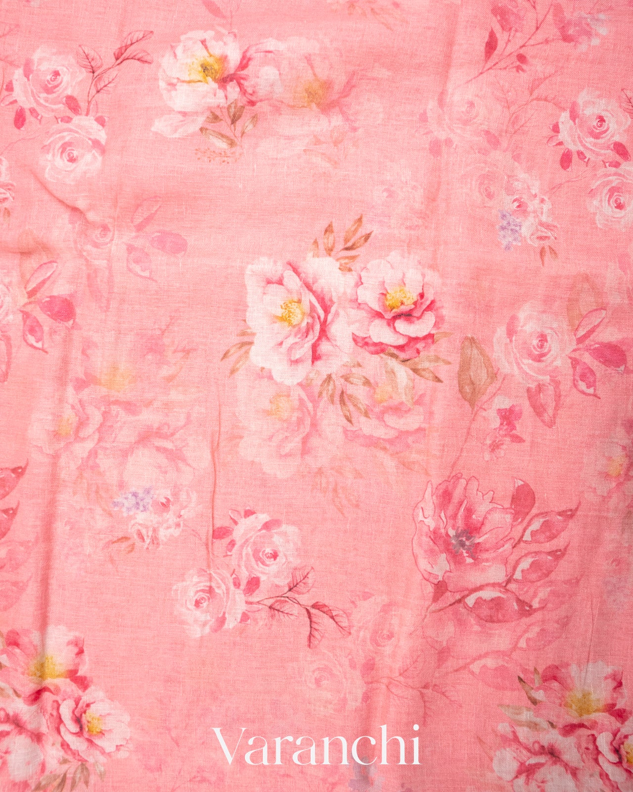 Baby Pink Printed Pure Silk Linen Saree