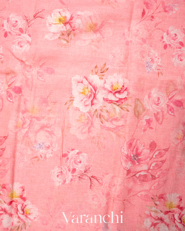 Baby Pink Printed Pure Silk Linen Saree