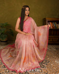 Blush Pink Floral Digital Printed Pure Silk Linen Handloom Saree