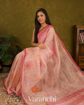 Blush Pink Floral Digital Printed Pure Silk Linen Handloom Saree