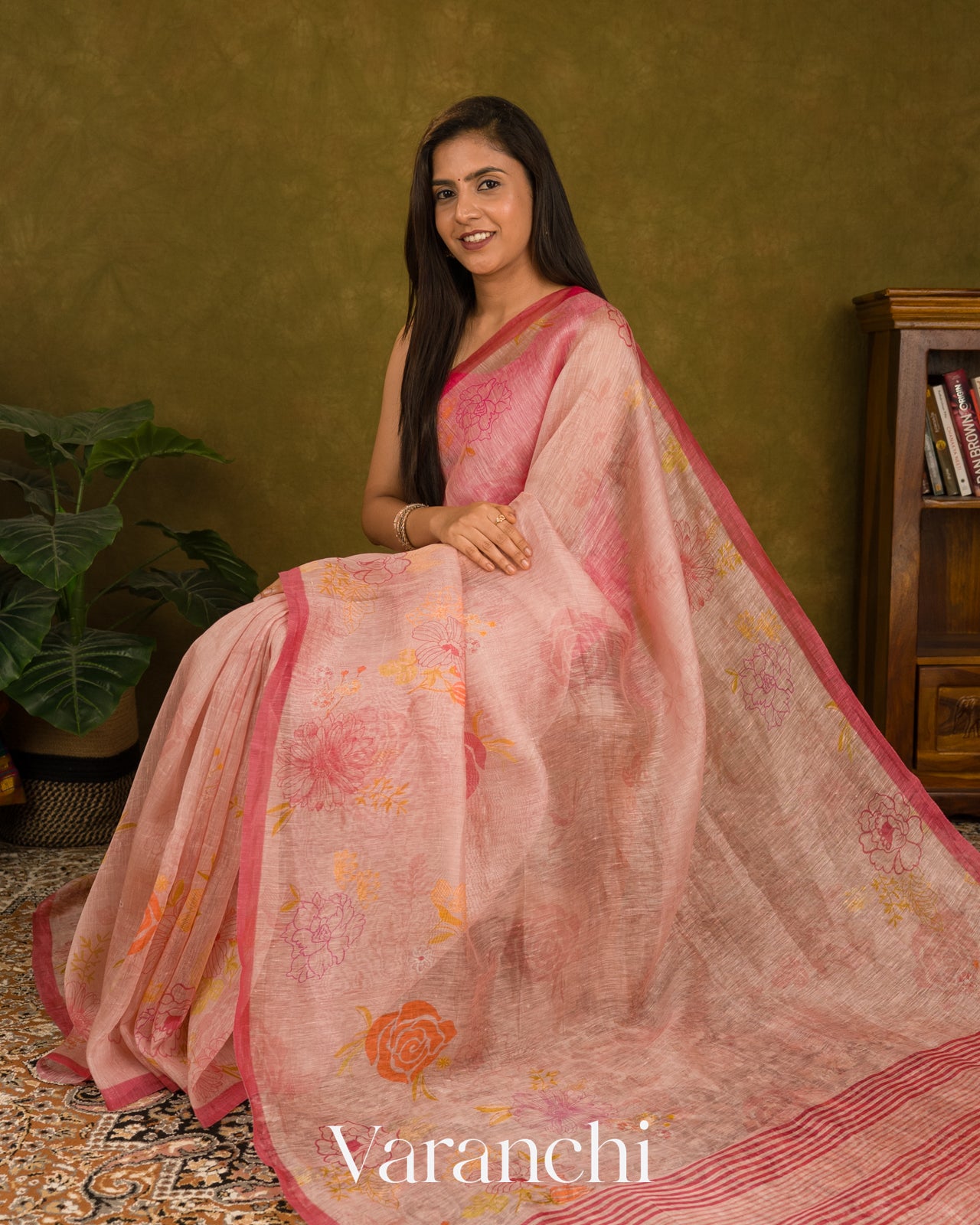 Blush Pink Floral Digital Printed Pure Silk Linen Handloom Saree