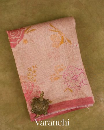 Blush Pink Floral Digital Printed Pure Silk Linen Handloom Saree