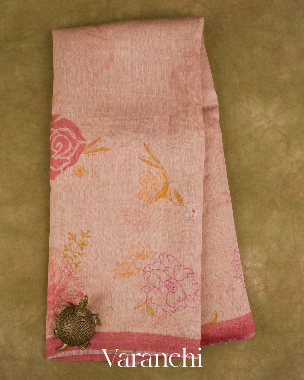 Blush Pink Floral Digital Printed Pure Silk Linen Handloom Saree