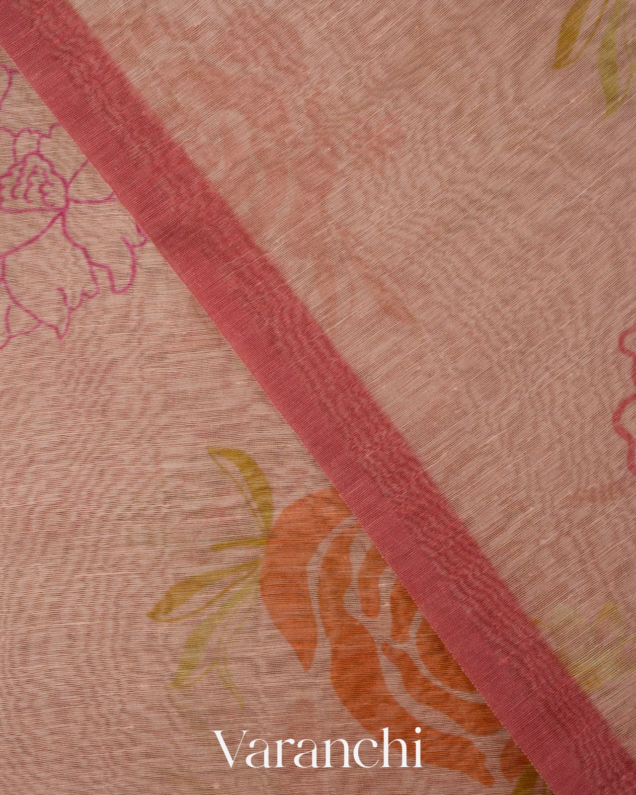 Blush Pink Floral Digital Printed Pure Silk Linen Handloom Saree