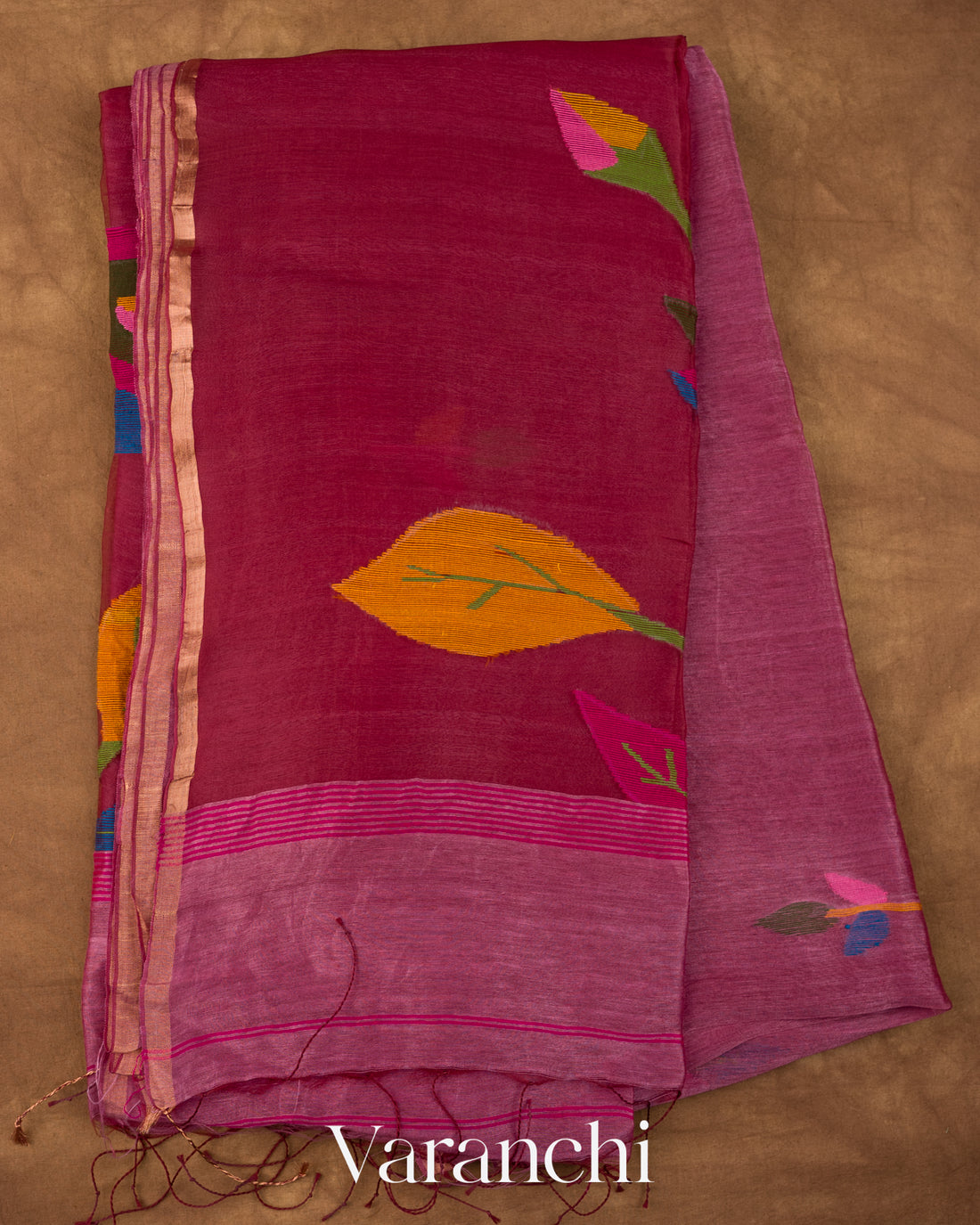 Deep Onion Pink Jamdani Pure Silk Linen Handloom Saree