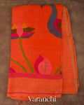 Vermillion Orange Jamdani Pure Silk Linen Handloom Saree