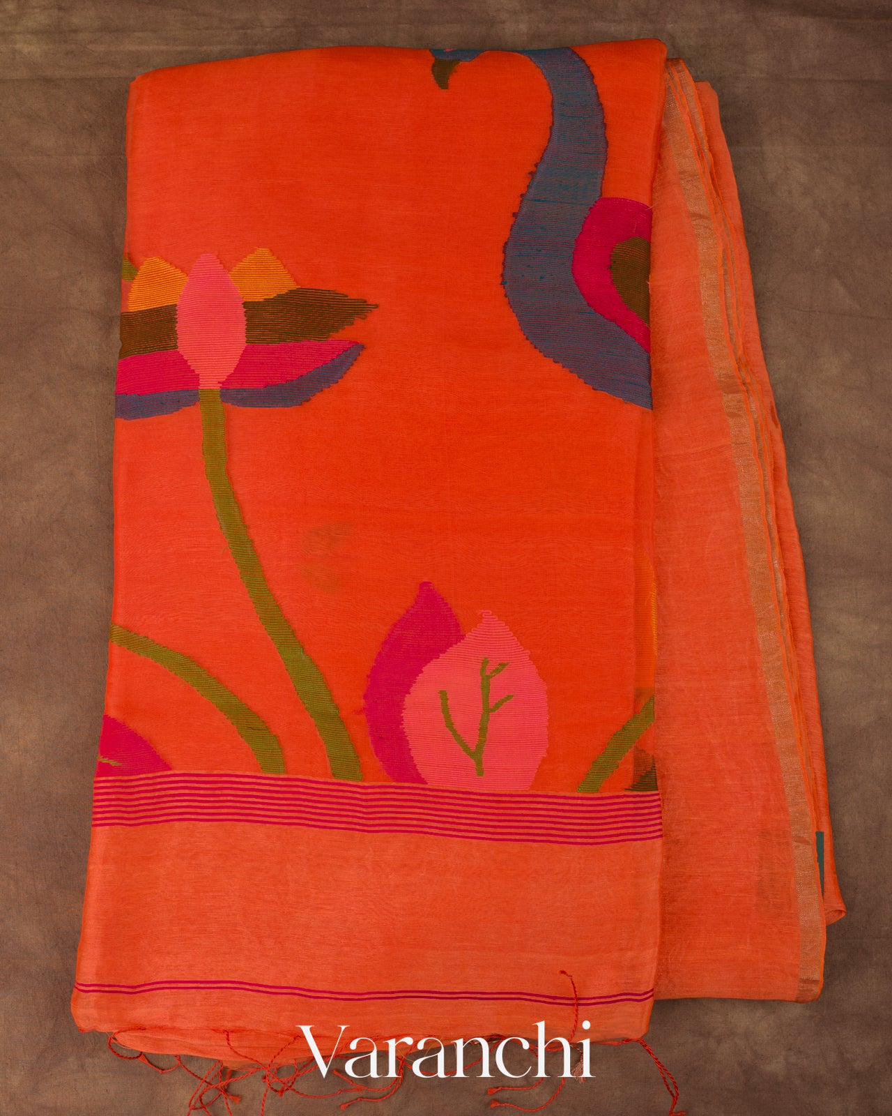 Vermillion Orange Jamdani Pure Silk Linen Handloom Saree