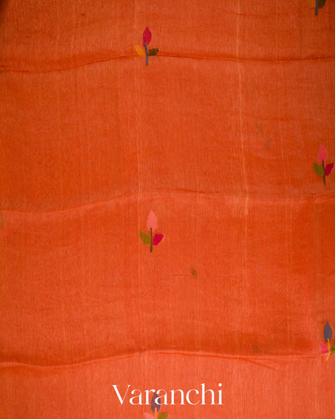 Vermillion Orange Jamdani Pure Silk Linen Handloom Saree