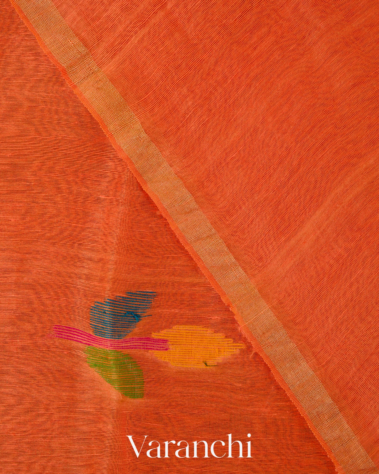 Vermillion Orange Jamdani Pure Silk Linen Handloom Saree