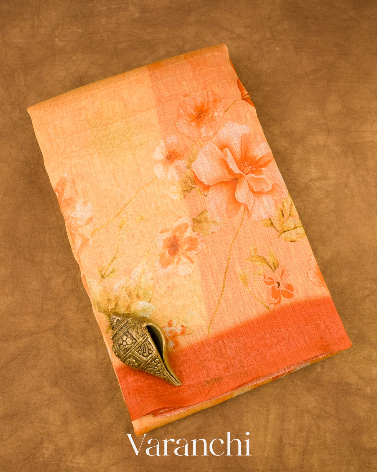 Light Orange Printed Pure Silk Linen Saree