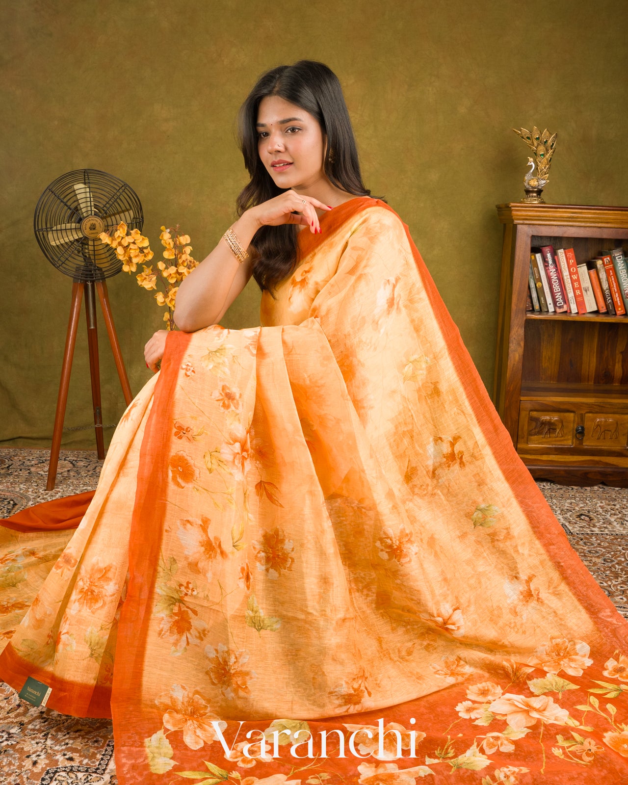 Light Orange Printed Pure Silk Linen Saree