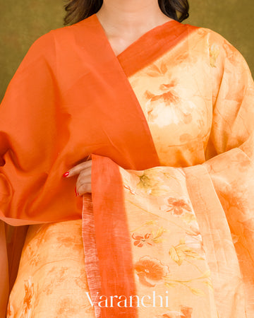 Light Orange Printed Pure Silk Linen Saree