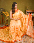 Light Orange Printed Pure Silk Linen Saree