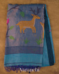 Teal Blue Deer Jamdani Pure Silk Linen Handloom Saree