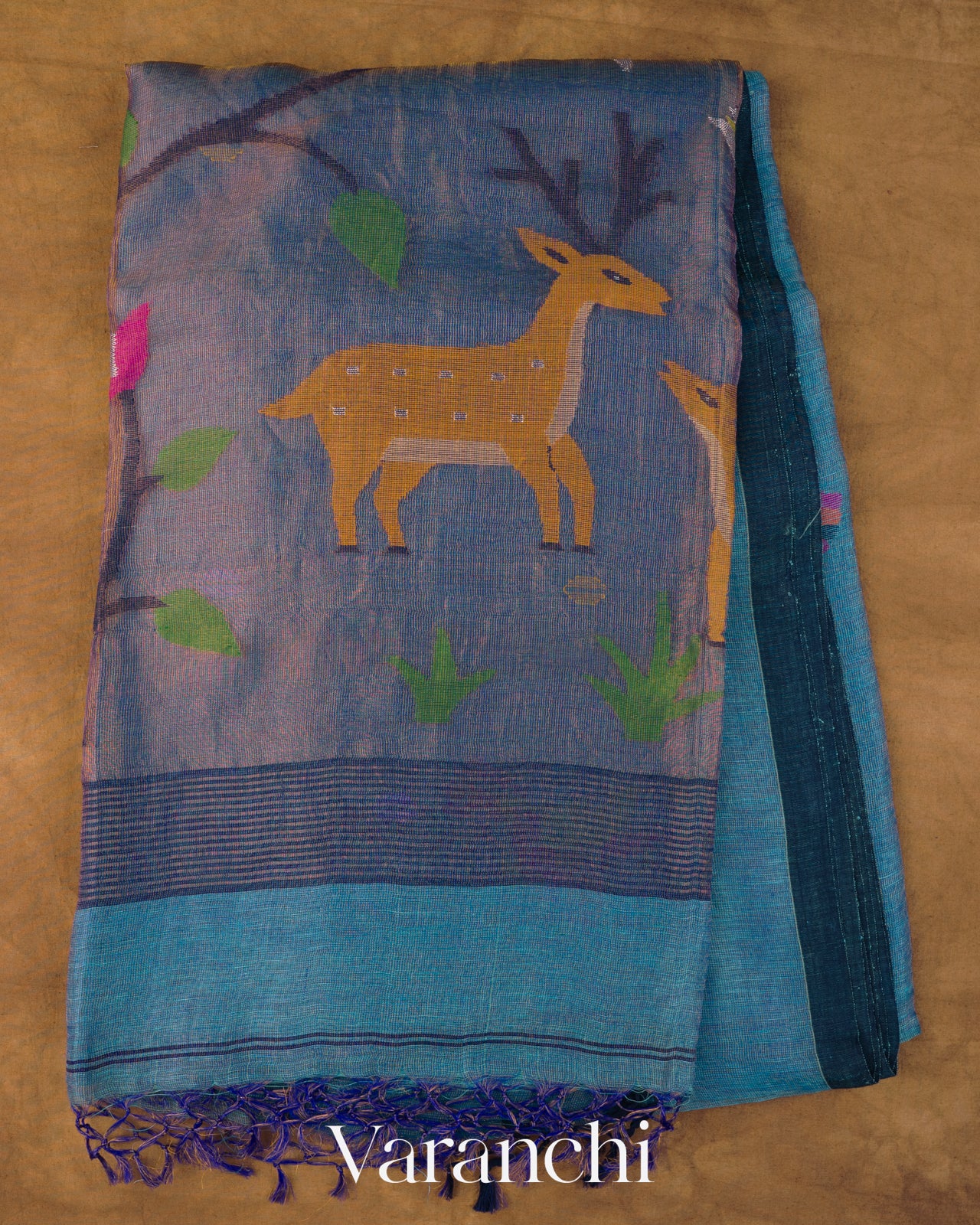 Teal Blue Deer Jamdani Pure Silk Linen Handloom Saree