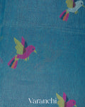 Teal Blue Deer Jamdani Pure Silk Linen Handloom Saree