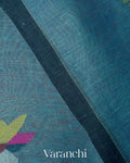 Teal Blue Deer Jamdani Pure Silk Linen Handloom Saree