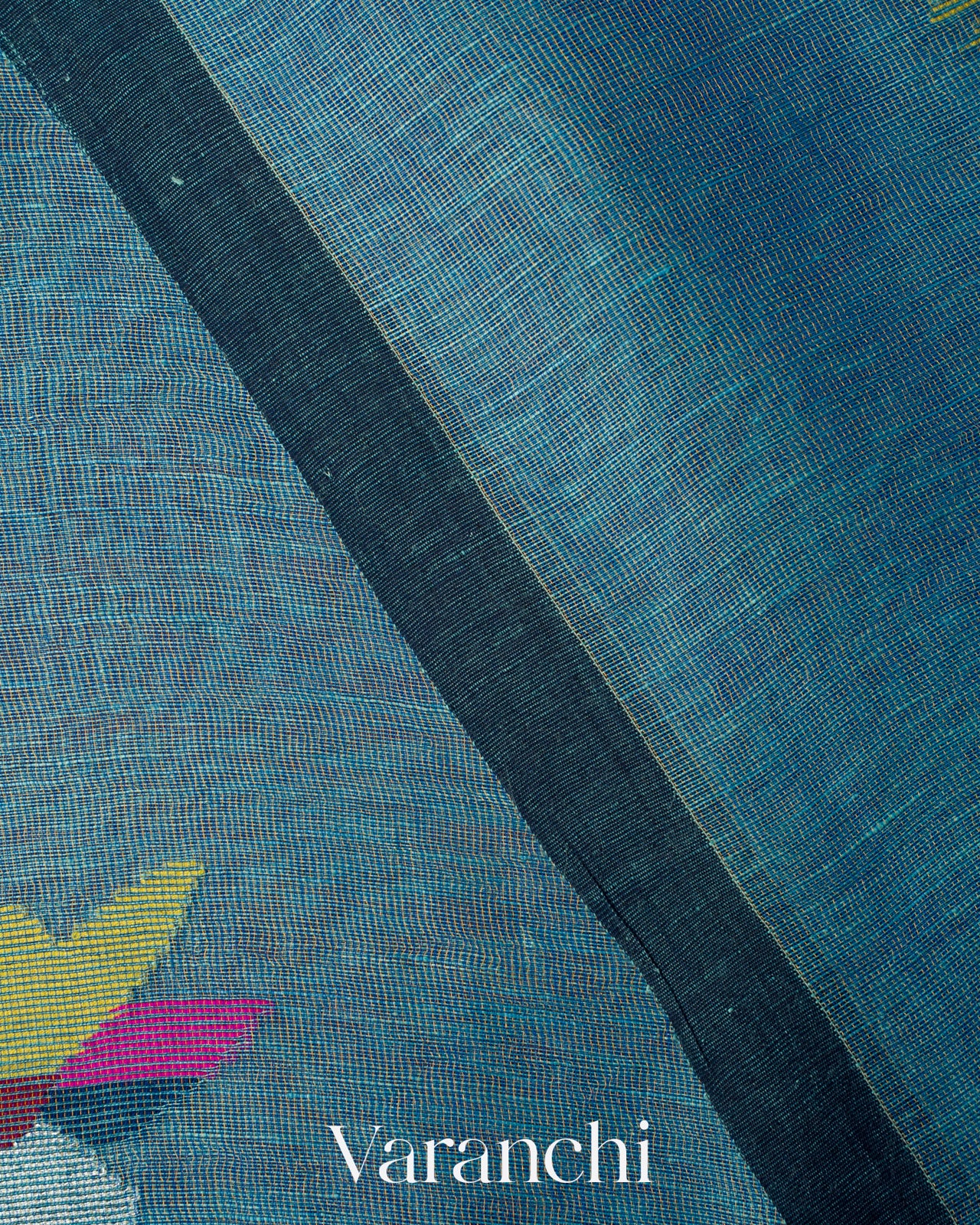 Teal Blue Deer Jamdani Pure Silk Linen Handloom Saree