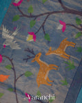 Teal Blue Deer Jamdani Pure Silk Linen Handloom Saree