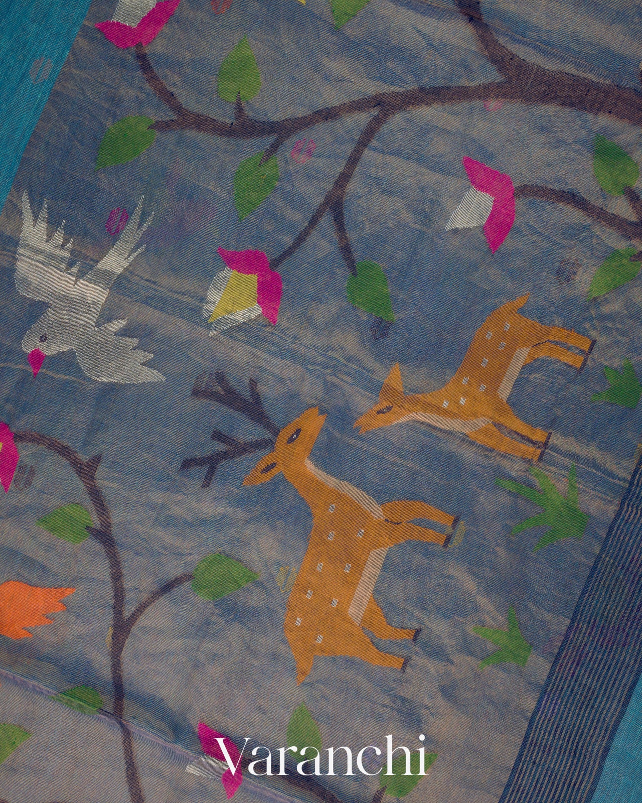 Teal Blue Deer Jamdani Pure Silk Linen Handloom Saree