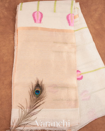Off White Jamdani Pure Silk Linen Handloom Saree