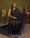 Jet Black Jamdani Pure Silk Linen Handloom Saree — Draped