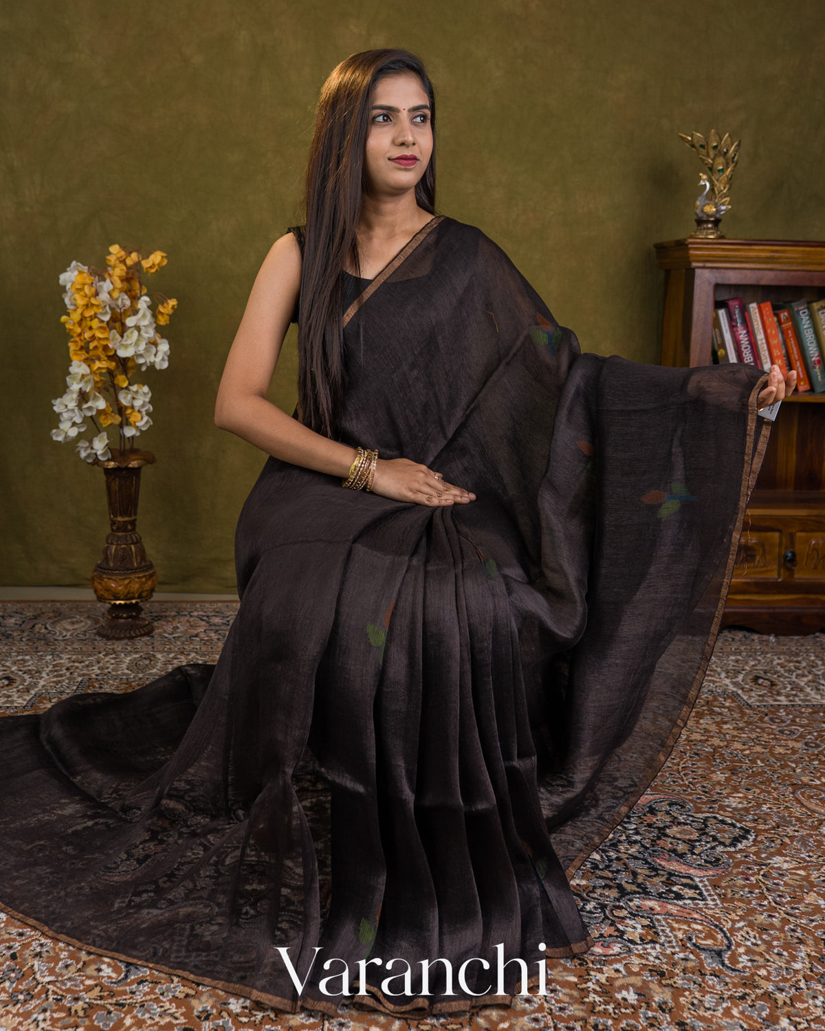 Jet Black Jamdani Pure Silk Linen Handloom Saree — Draped