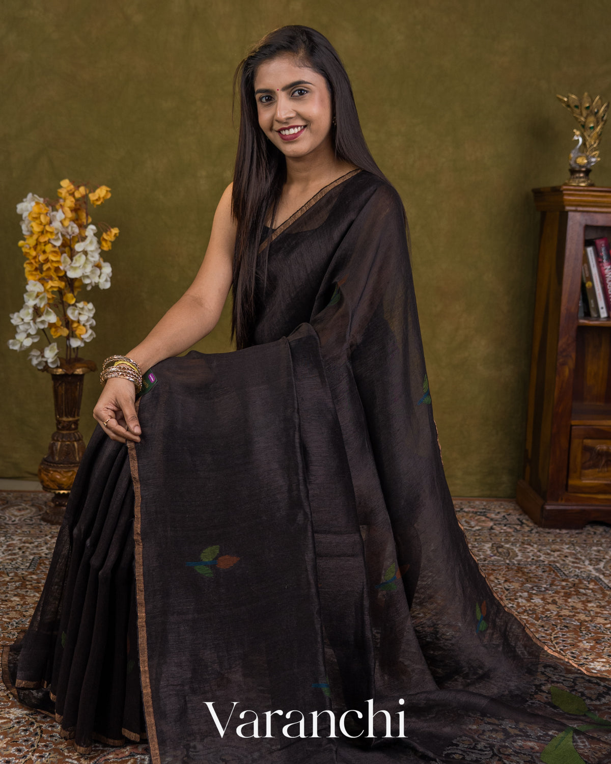 Jet Black Jamdani Pure Silk Linen Handloom Saree — Draped