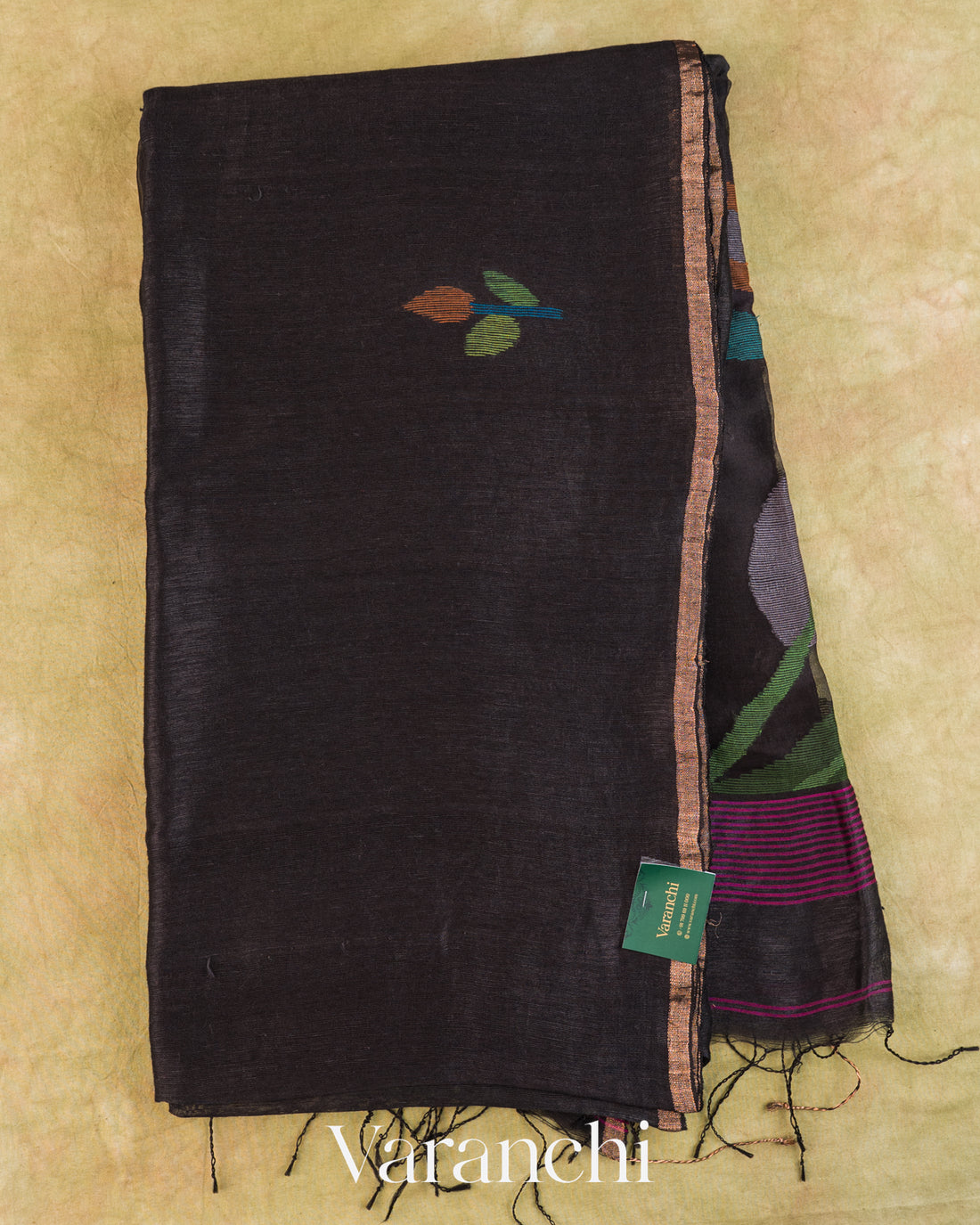 Jet Black Jamdani Pure Silk Linen Handloom Saree — Full Saree