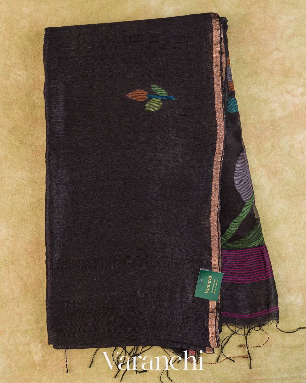 Jet Black Jamdani Pure Silk Linen Handloom Saree — Full Saree