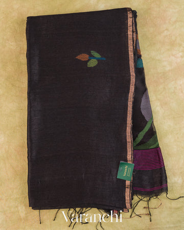 Jet Black Jamdani Pure Silk Linen Handloom Saree — Full Saree