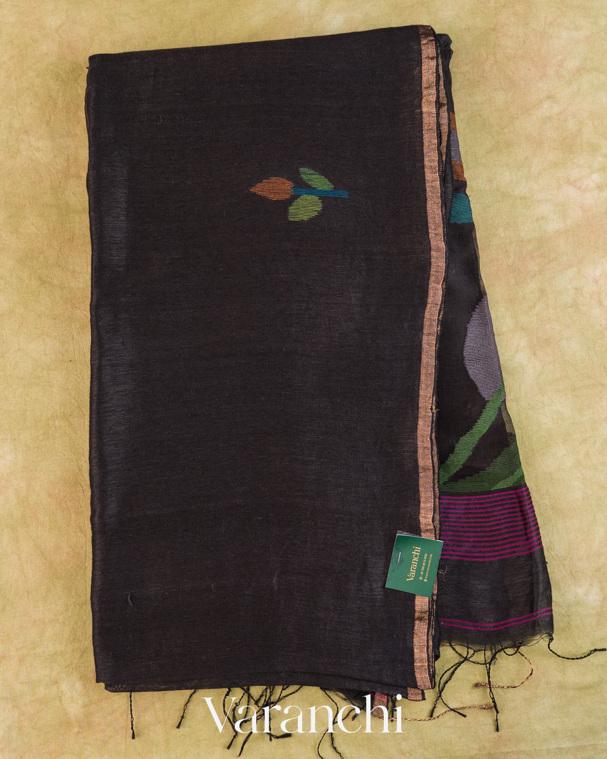 Jet Black Jamdani Pure Silk Linen Handloom Saree — Full Saree
