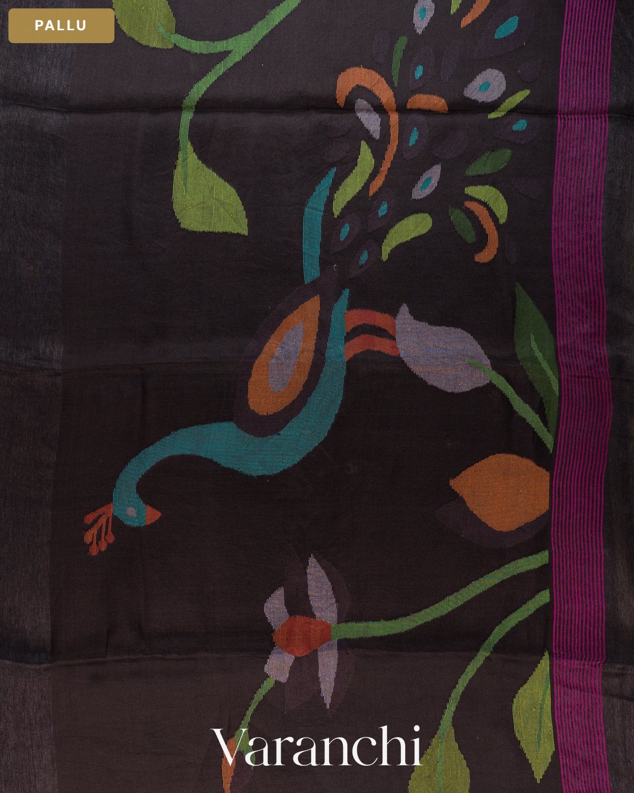 Jet Black Jamdani Pure Silk Linen Handloom Saree — Pallu