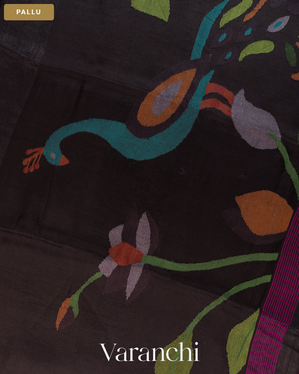 Jet Black Jamdani Pure Silk Linen Handloom Saree — Pallu