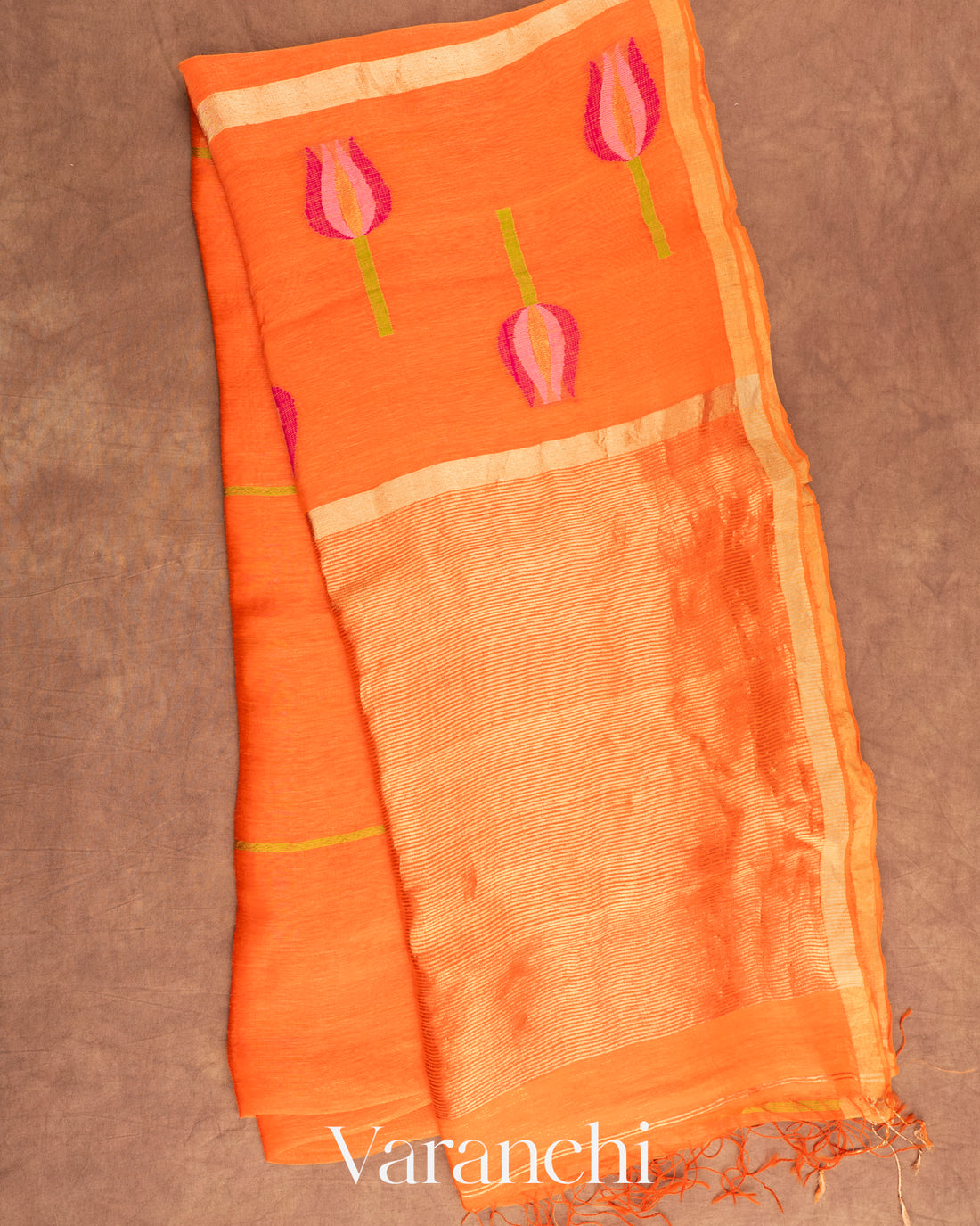 Bright Orange Jamdani Pure Silk Linen Handloom Saree