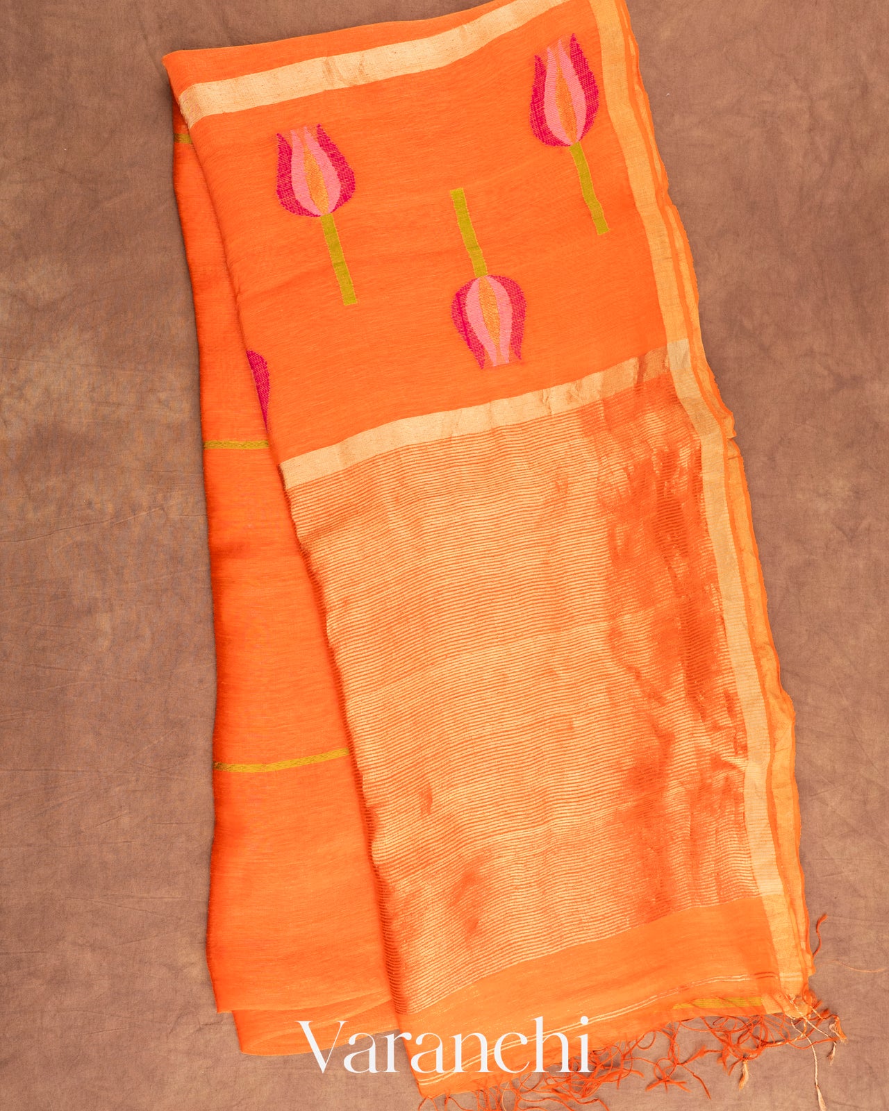 Bright Orange Jamdani Pure Silk Linen Handloom Saree