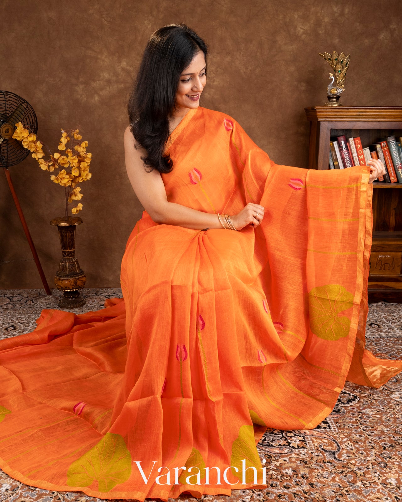 Bright Orange Jamdani Pure Silk Linen Handloom Saree