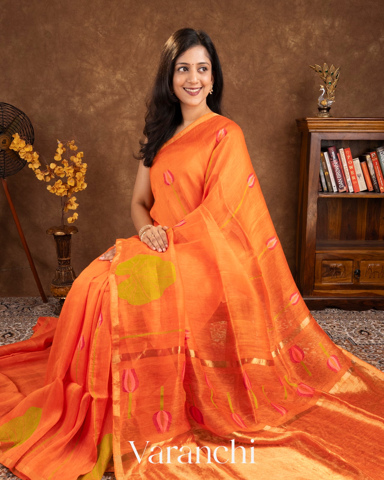 Bright Orange Jamdani Pure Silk Linen Handloom Saree