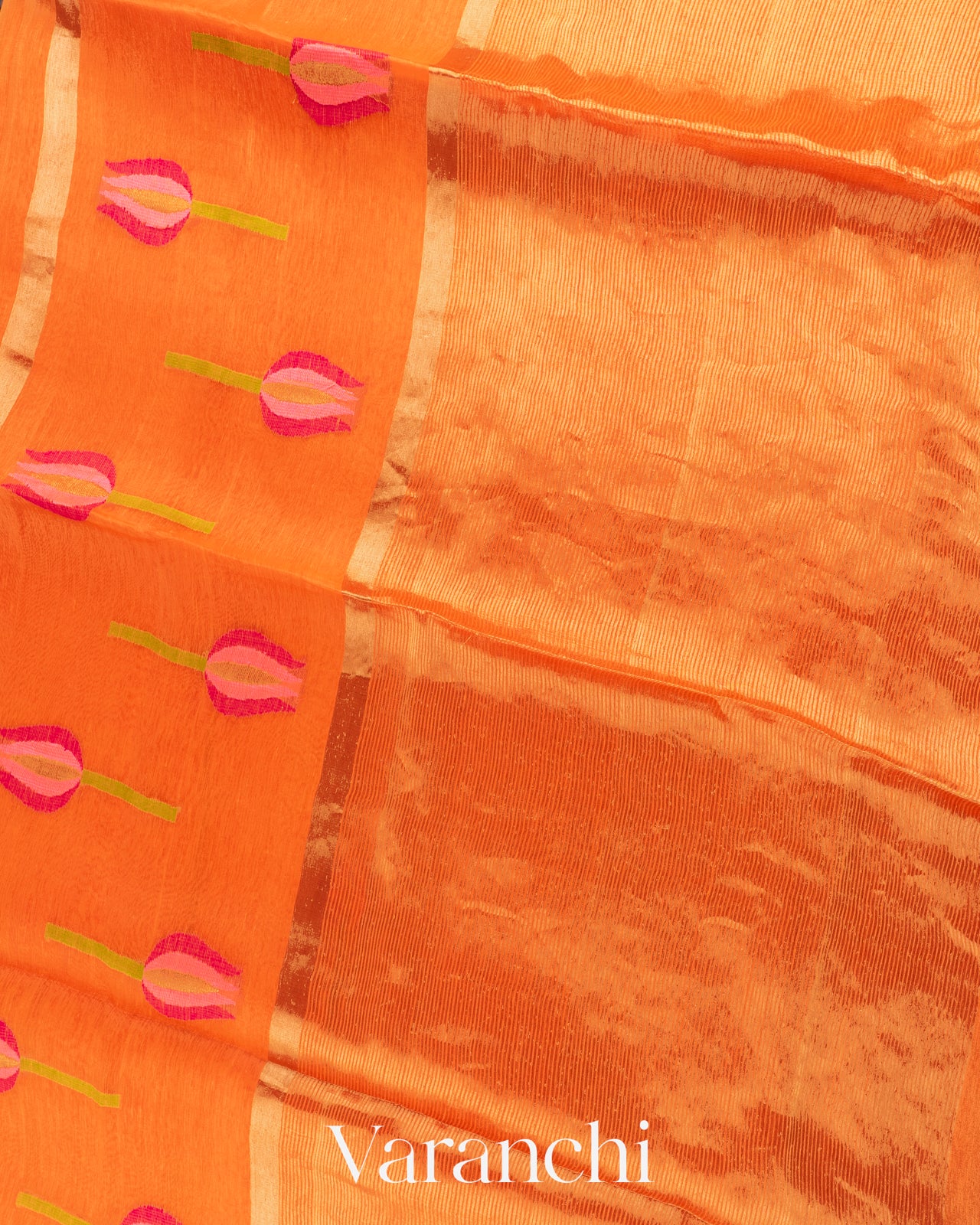 Bright Orange Jamdani Pure Silk Linen Handloom Saree