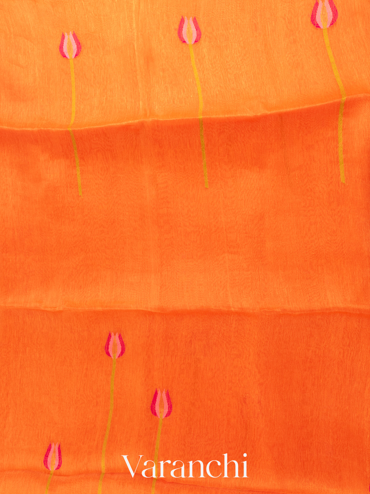 Bright Orange Jamdani Pure Silk Linen Handloom Saree