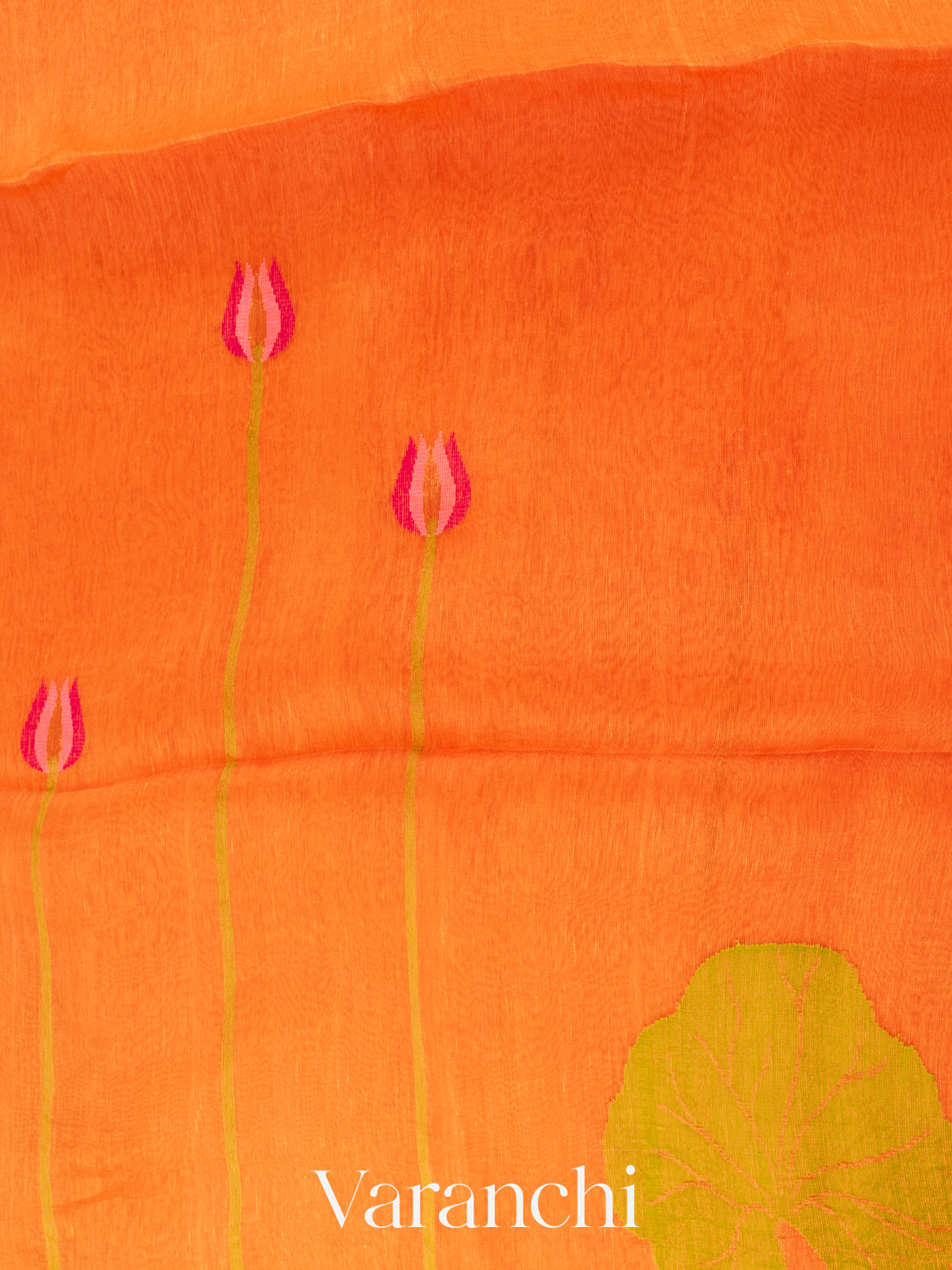 Bright Orange Jamdani Pure Silk Linen Handloom Saree