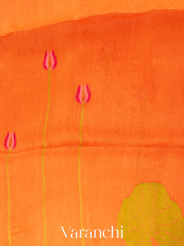 Bright Orange Jamdani Pure Silk Linen Handloom Saree