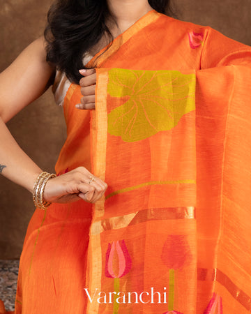 Bright Orange Jamdani Pure Silk Linen Handloom Saree