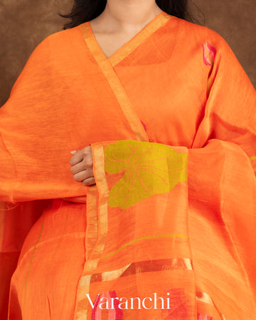 Bright Orange Jamdani Pure Silk Linen Handloom Saree