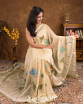 Ivory and Olive Green Hand Painted Design Pure Silk Linen Saree