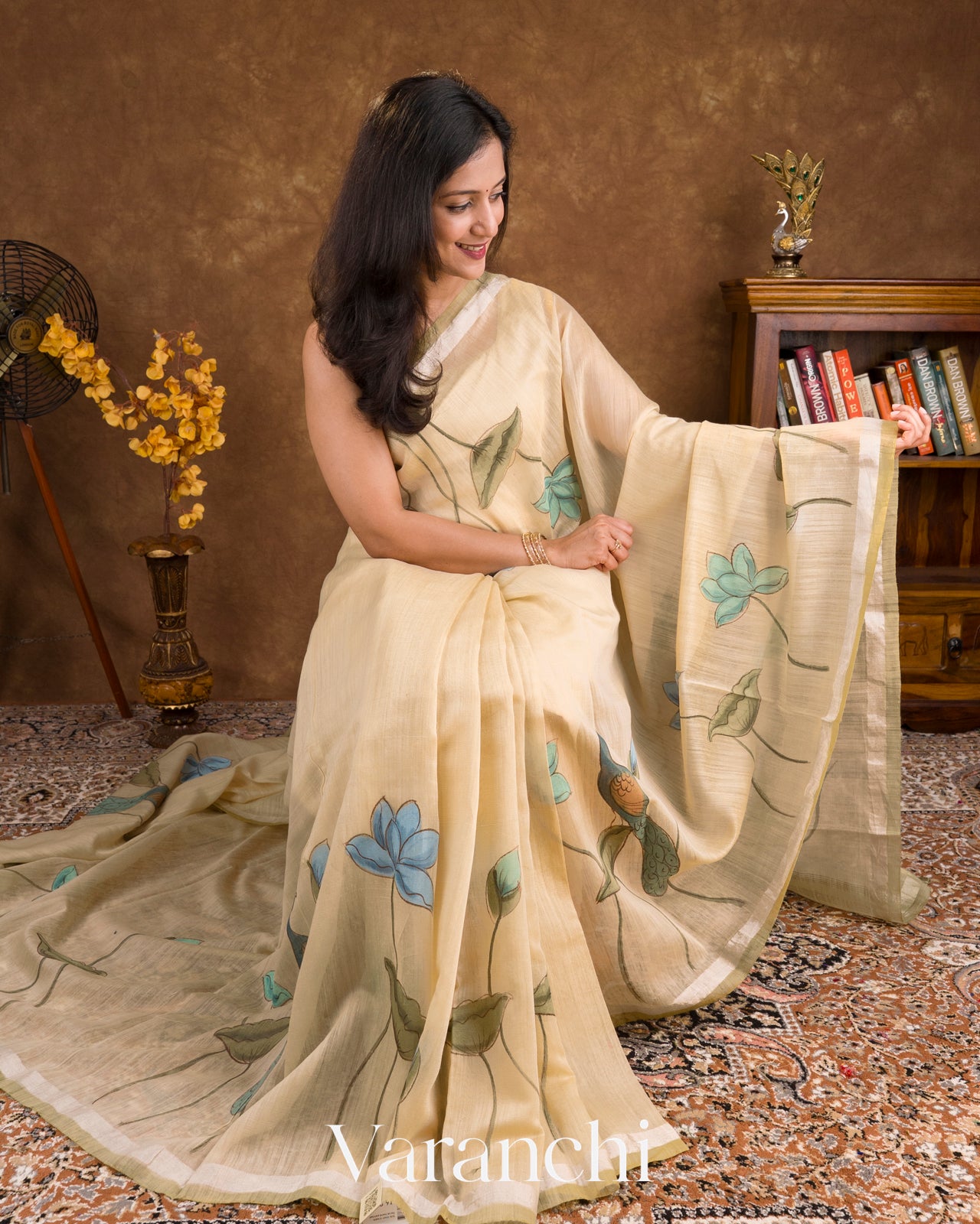 Ivory and Olive Green Hand Painted Design Pure Silk Linen Saree